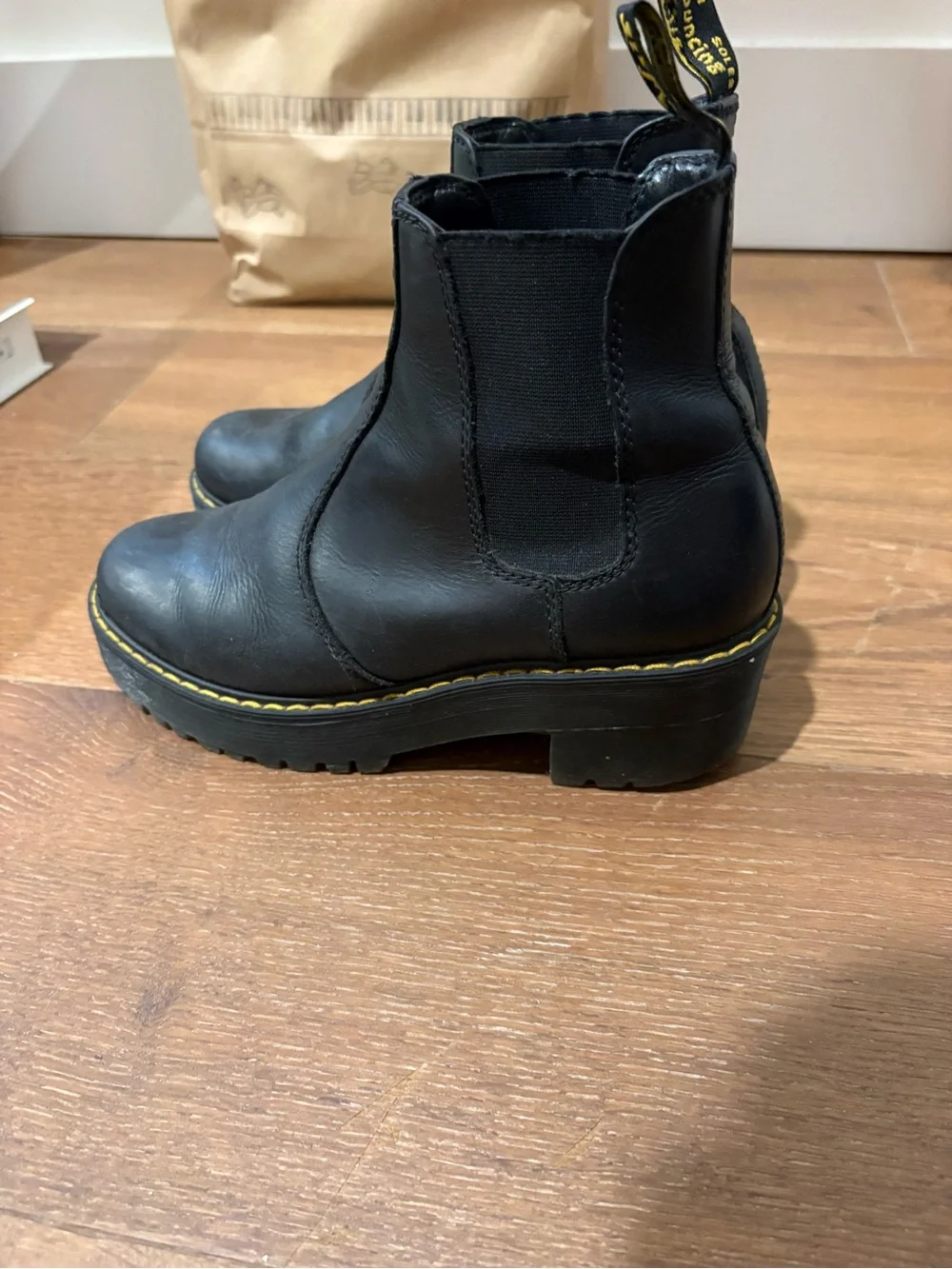 Dr. Martens Black Leather Chelsea Ankle Boots with Yellow Stitching